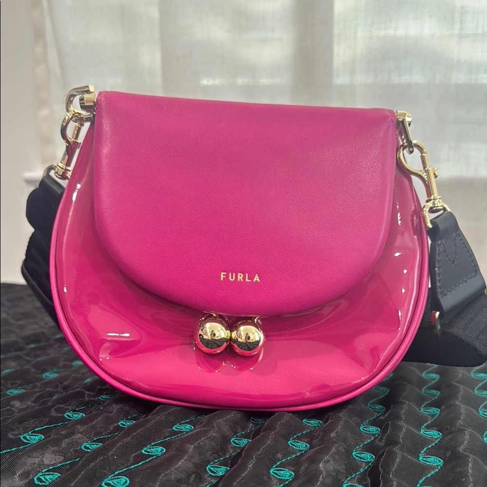 Furla Pink Glossy Crossbody Bag with Gold Accents